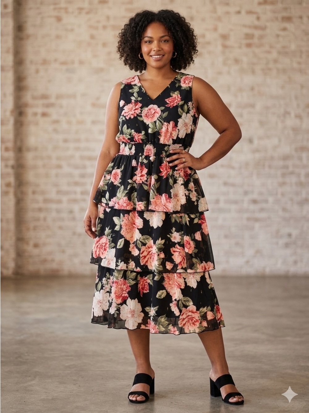 Alexa B Nites Floral Tiered Midi Dress Women’s 18W Black Pink Romantic